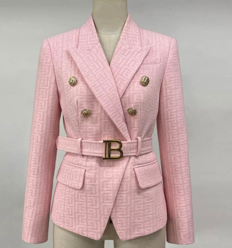 Textured Tweed Blazer | Gold Button Accents | Belted Waist | Tailored Elegance