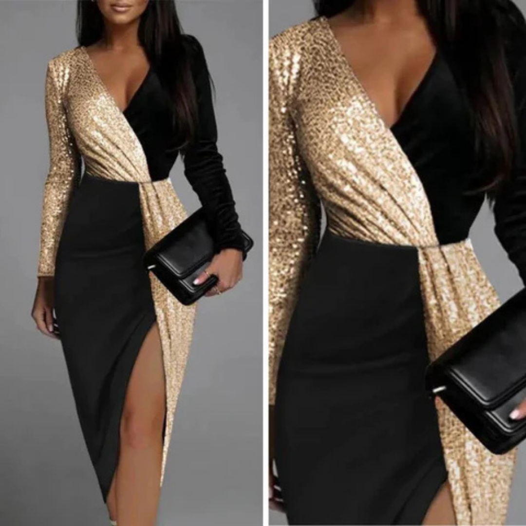 Sequin Wrap Midi Dress | Black & Gold | Long Sleeve Party Look