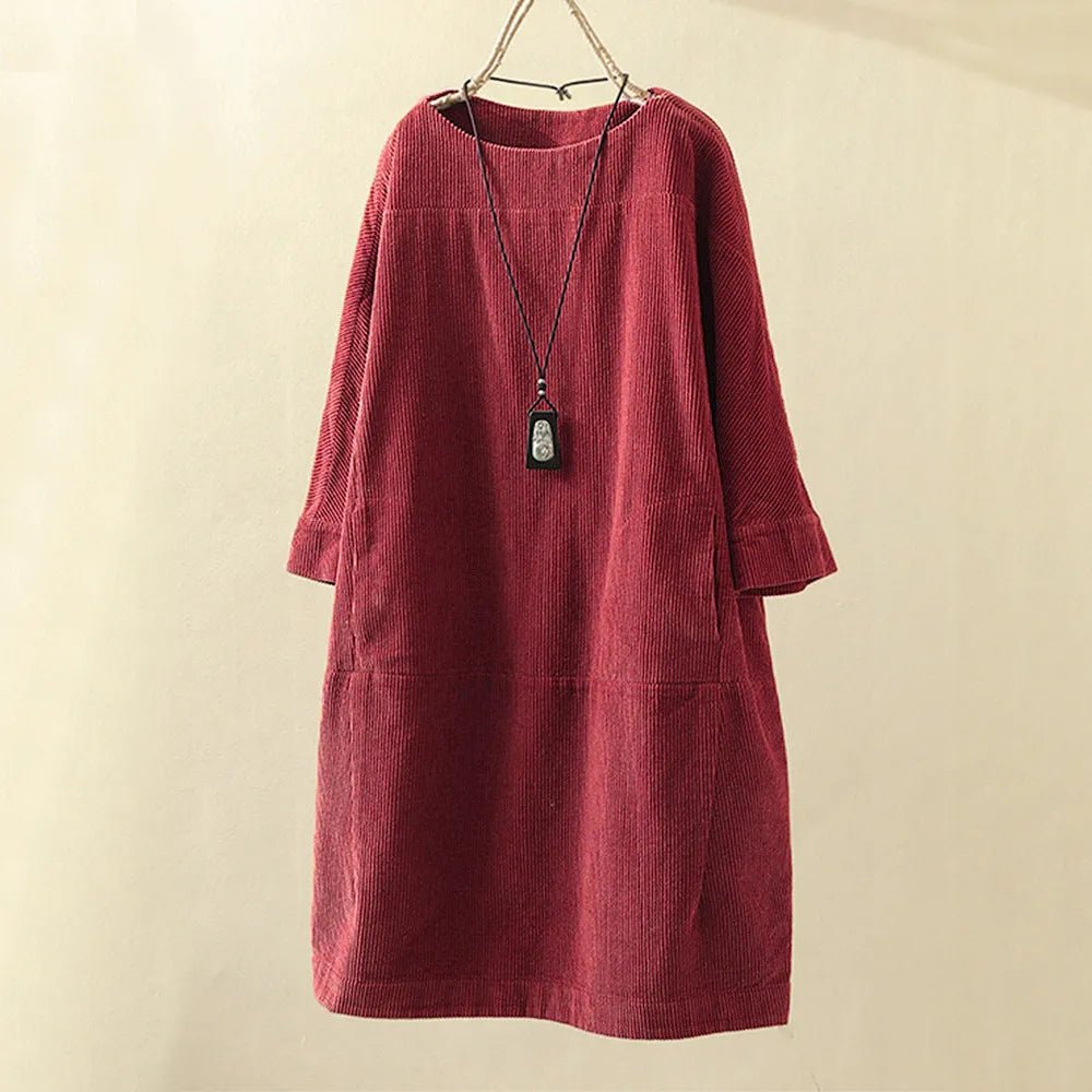 Corduroy Shift Dress | 3/4 Sleeve Relaxed Fit | Soft Washed Texture