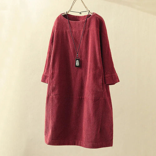 Corduroy Shift Dress | 3/4 Sleeve Relaxed Fit | Soft Washed Texture