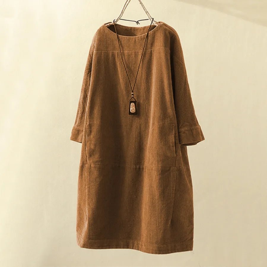 Corduroy Shift Dress | 3/4 Sleeve Relaxed Fit | Soft Washed Texture