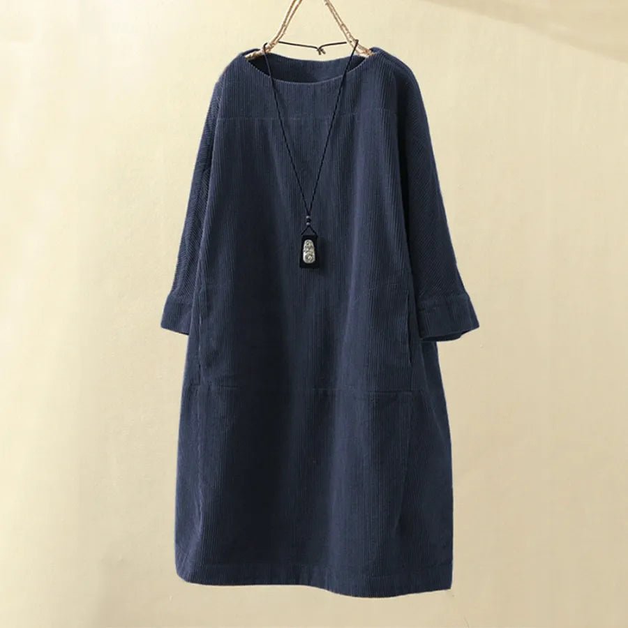 Corduroy Shift Dress | 3/4 Sleeve Relaxed Fit | Soft Washed Texture