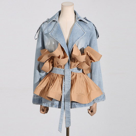 Denim Trench Jacket | Statement Bow Detailing | Cotton Blend | Fashion-Forward Outerwear