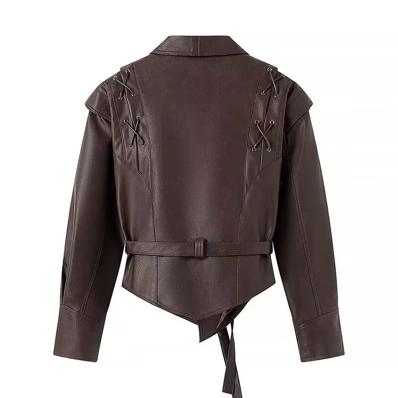 Vintage-Inspired PU Leather Jacket | Asymmetrical Hem | Adjustable Waist Tie | Chic Outerwear