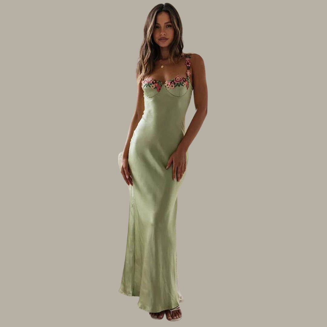 Satin Slip Dress | Floral Appliqué Straps | Elegant Spring Occasionwear