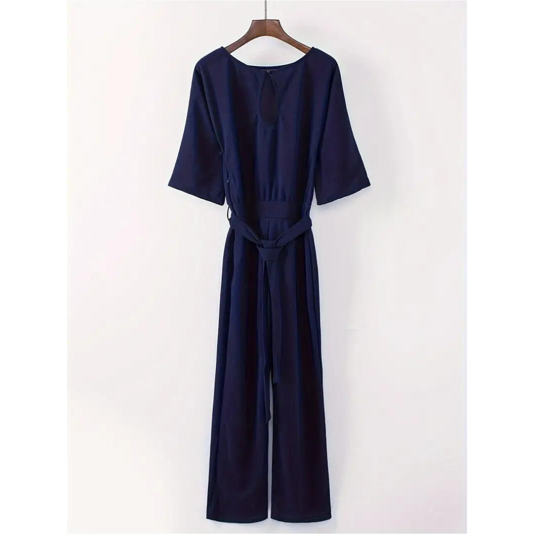 Wide-Leg Belted Jumpsuit | Cropped Sleeve | Modern One-Piece Style