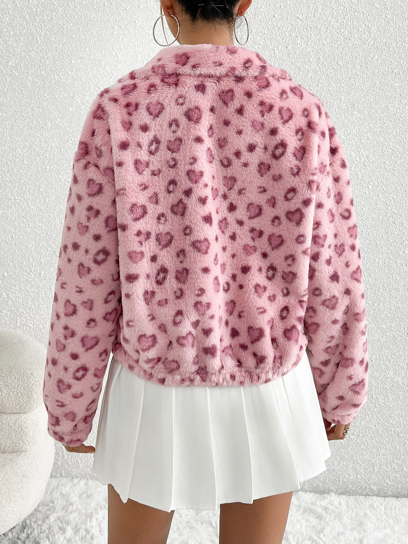 Playful Faux Fur Jacket | Heart Print Design | Soft Polyester Blend | Trendy Casual Outerwear