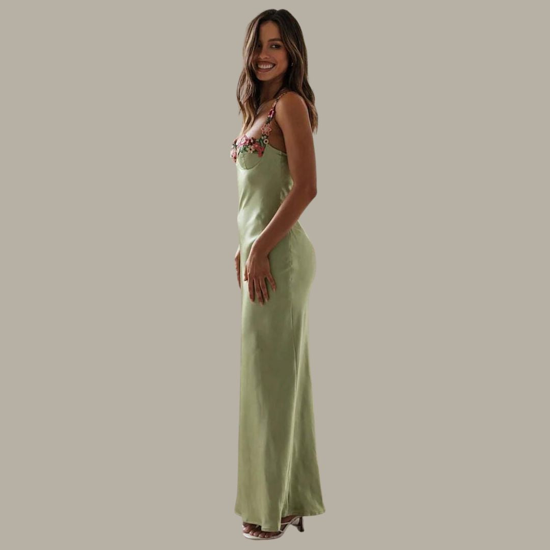 Satin Slip Dress | Floral Appliqué Straps | Elegant Spring Occasionwear