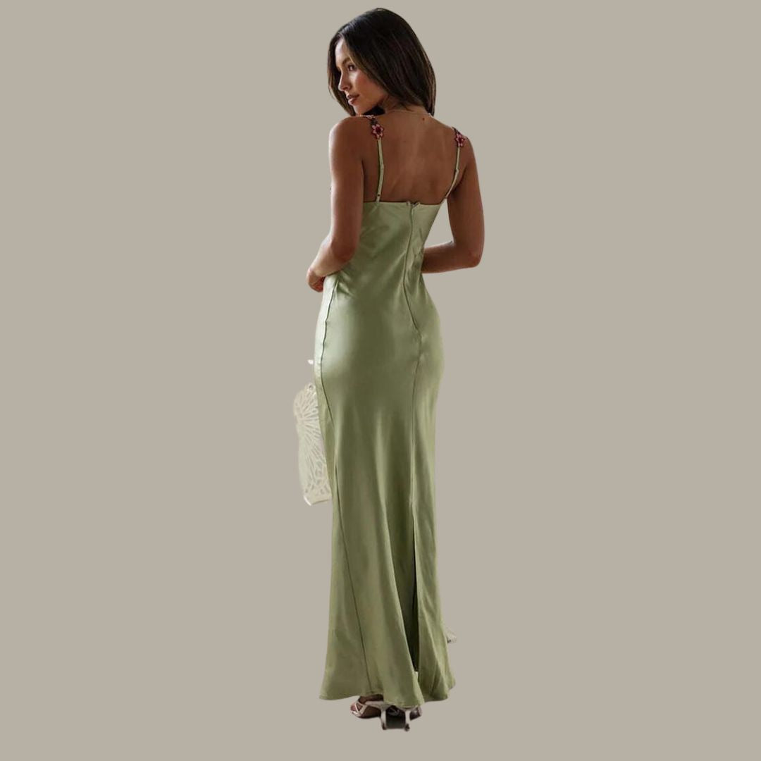 Satin Slip Dress | Floral Appliqué Straps | Elegant Spring Occasionwear