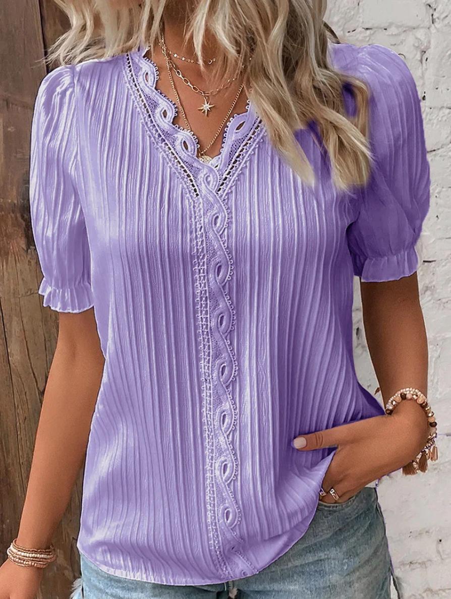 Pleated Button-Front Blouse | Lace Trim V-Neck | Short Puff Sleeve Top