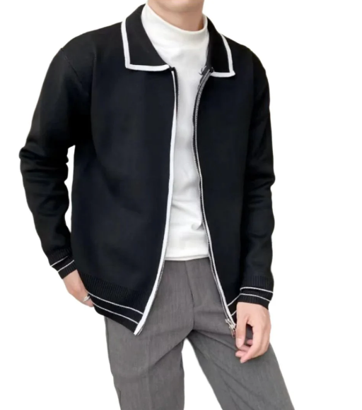 Contrast Trim Knit Jacket | Zip-Up Lightweight Layer | Casual Cardigan Style