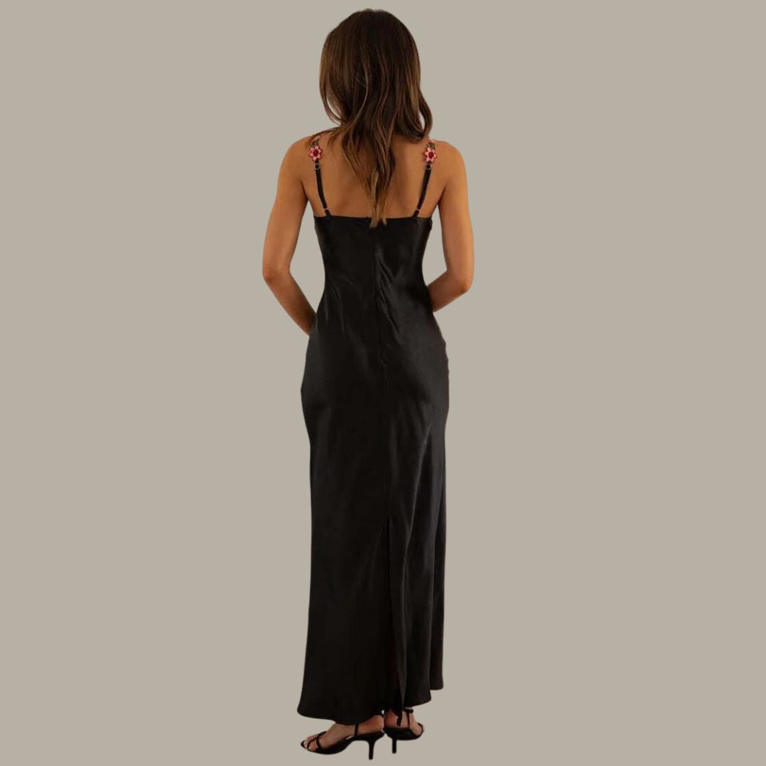 Satin Slip Dress | Floral Appliqué Straps | Elegant Spring Occasionwear