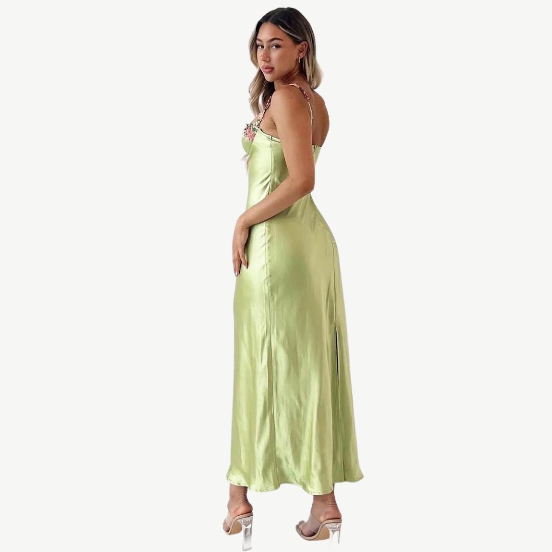 Satin Slip Dress | Floral Appliqué Straps | Elegant Spring Occasionwear