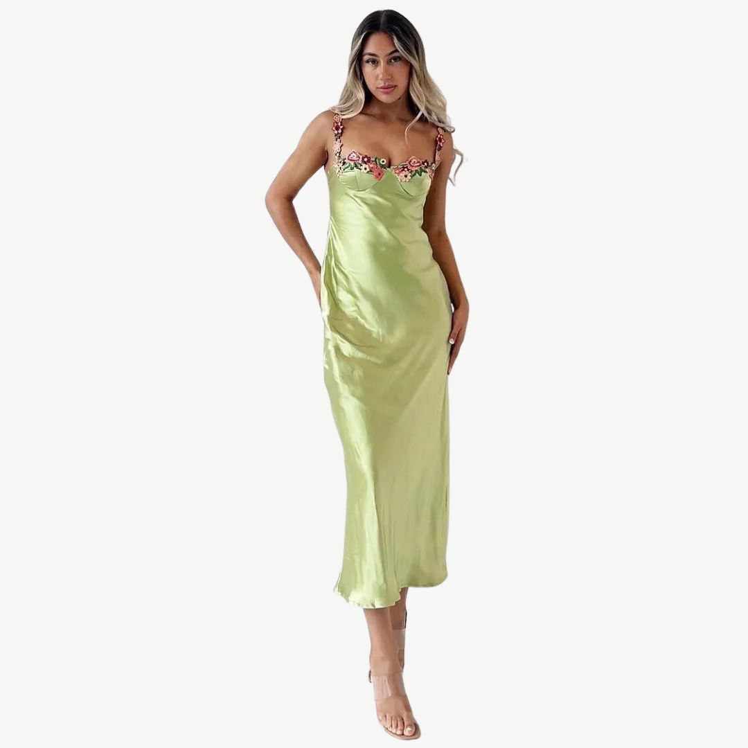 Satin Slip Dress | Floral Appliqué Straps | Elegant Spring Occasionwear