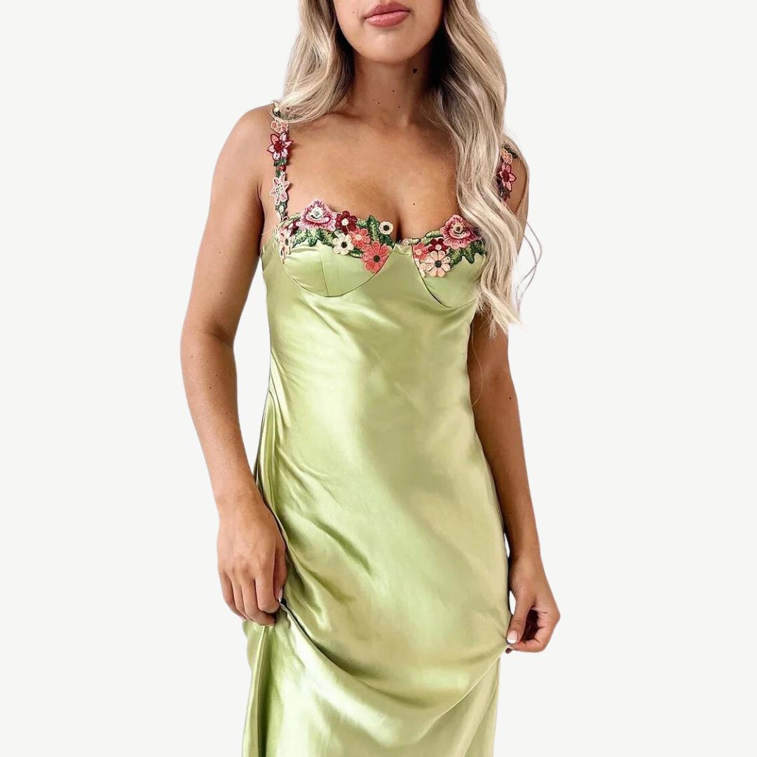 Satin Slip Dress | Floral Appliqué Straps | Elegant Spring Occasionwear