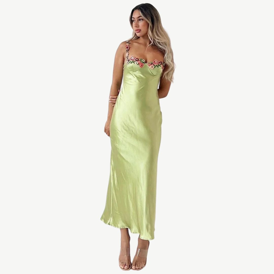 Satin Slip Dress | Floral Appliqué Straps | Elegant Spring Occasionwear