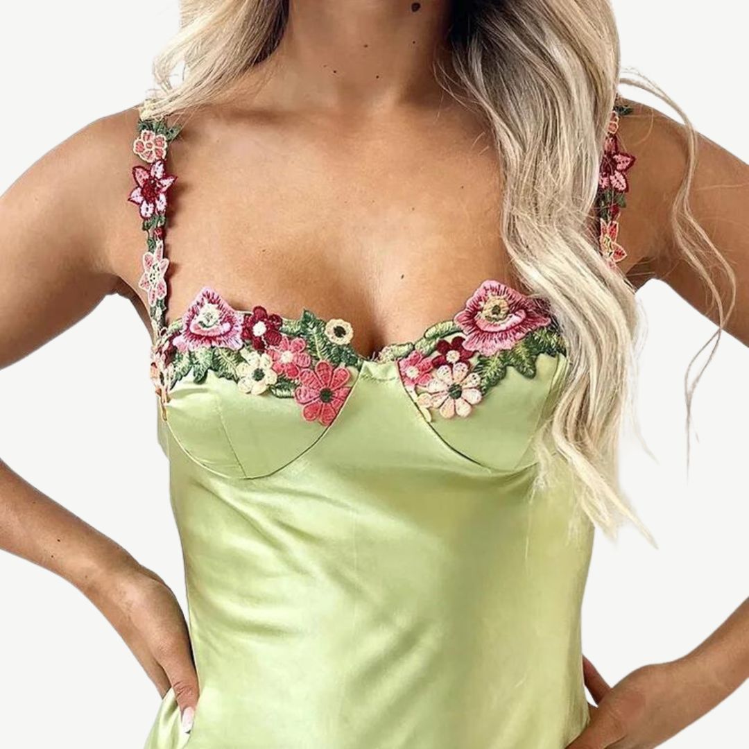 Satin Slip Dress | Floral Appliqué Straps | Elegant Spring Occasionwear