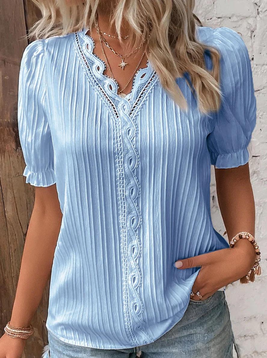 Pleated Button-Front Blouse | Lace Trim V-Neck | Short Puff Sleeve Top