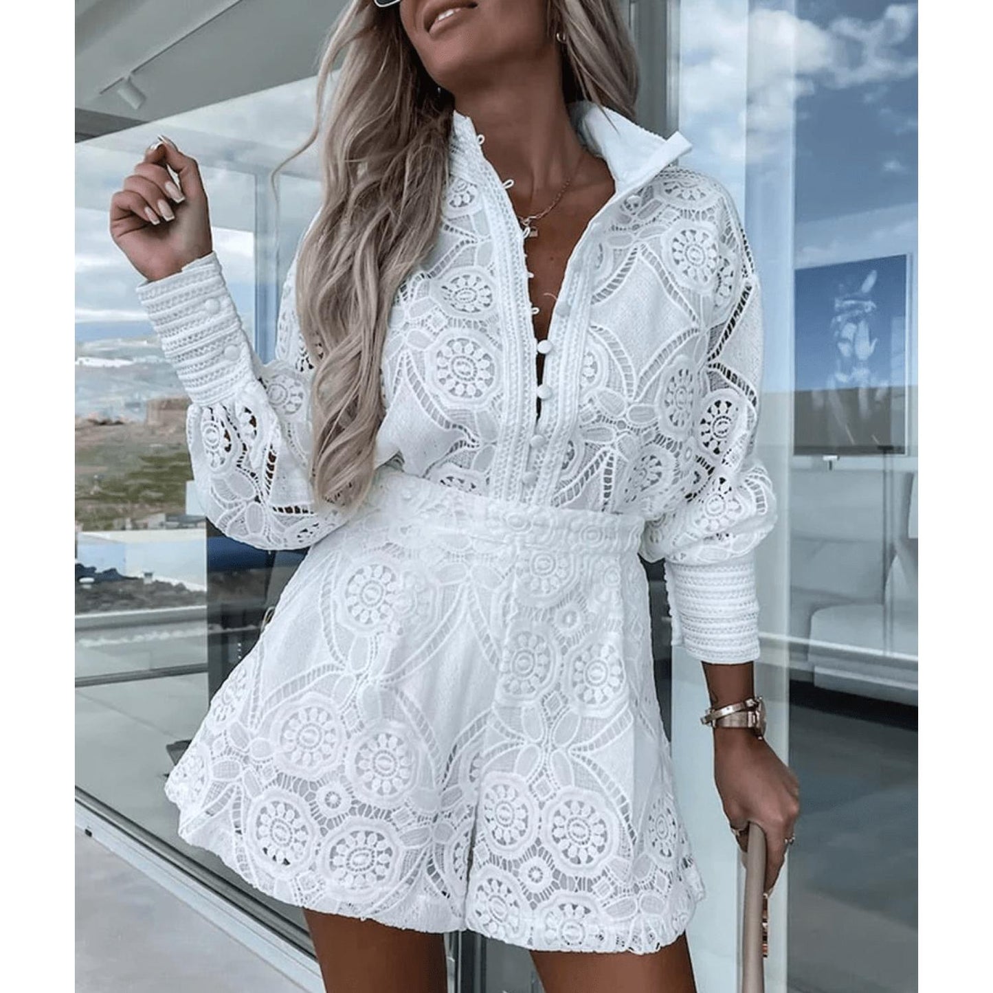 Lace Shirt Dress | Intricate Embroidery | Collared Long Sleeve Design | Perfect for Chic Daytime Looks