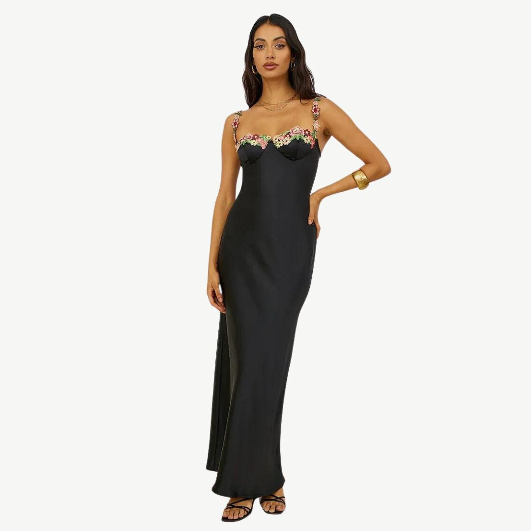 Satin Slip Dress | Floral Appliqué Straps | Elegant Spring Occasionwear