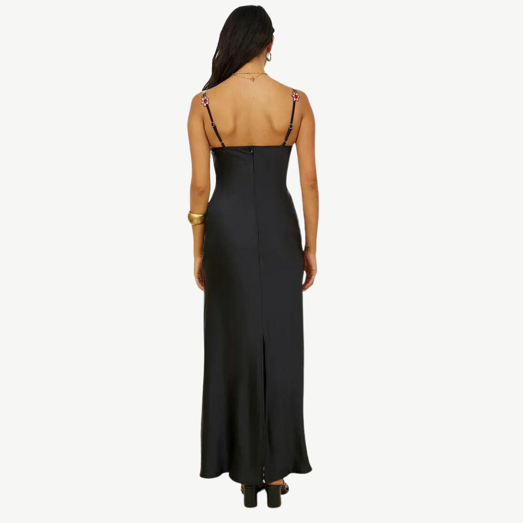 Satin Slip Dress | Floral Appliqué Straps | Elegant Spring Occasionwear