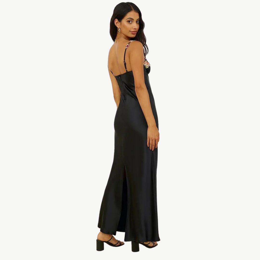 Satin Slip Dress | Floral Appliqué Straps | Elegant Spring Occasionwear