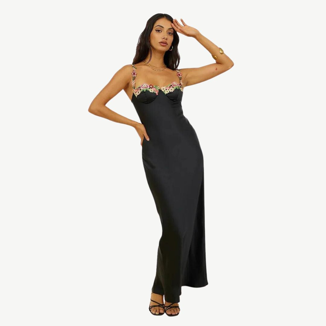 Satin Slip Dress | Floral Appliqué Straps | Elegant Spring Occasionwear