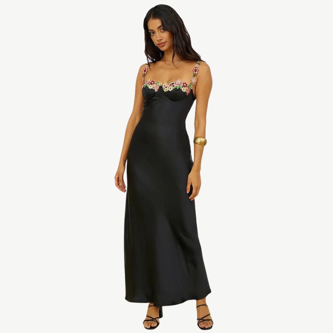 Satin Slip Dress | Floral Appliqué Straps | Elegant Spring Occasionwear