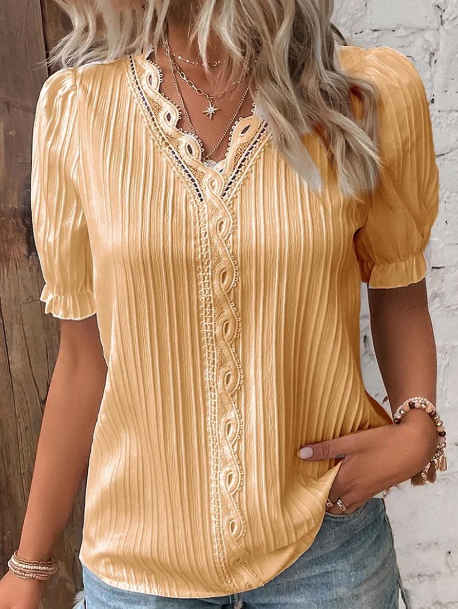 Pleated Button-Front Blouse | Lace Trim V-Neck | Short Puff Sleeve Top