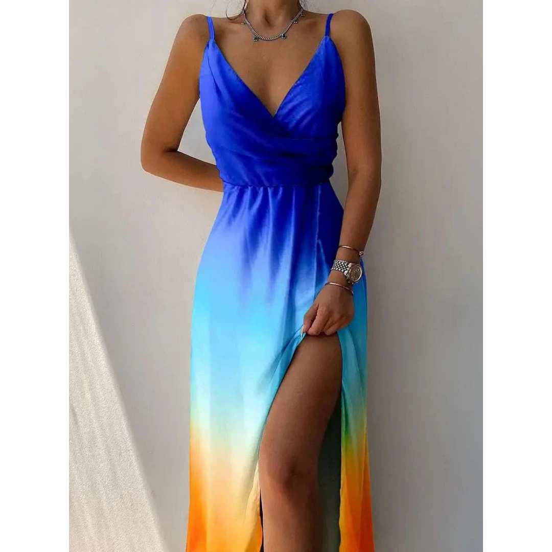 Cowl Neck Maxi Dress | Watercolour Print with Side Slit | Summer Spaghetti Strap Dress