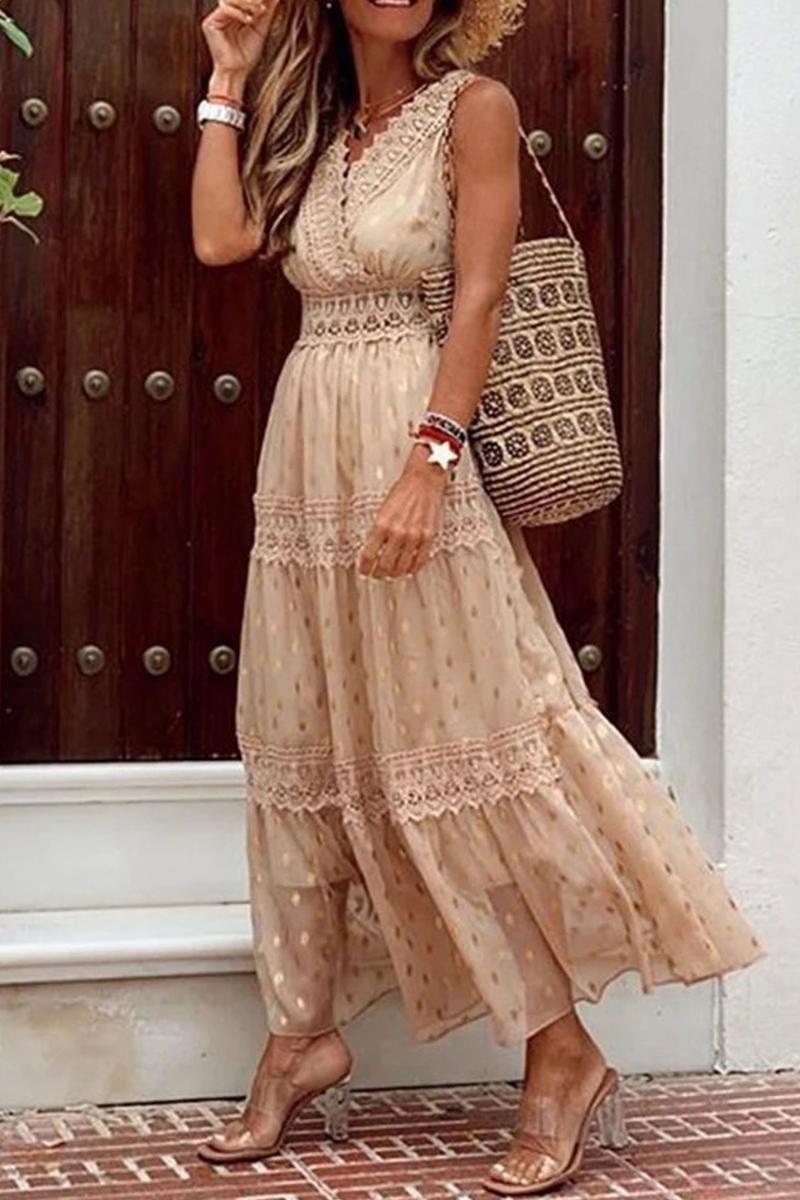 Boho Polka Dot Maxi Dress | Lace Trim | Sleeveless Summer Style