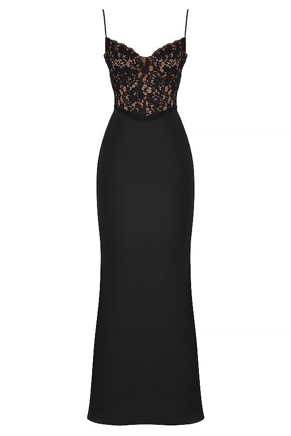 Lace-Detail Maxi Gown | Sleek Fit | Spaghetti Straps | Black