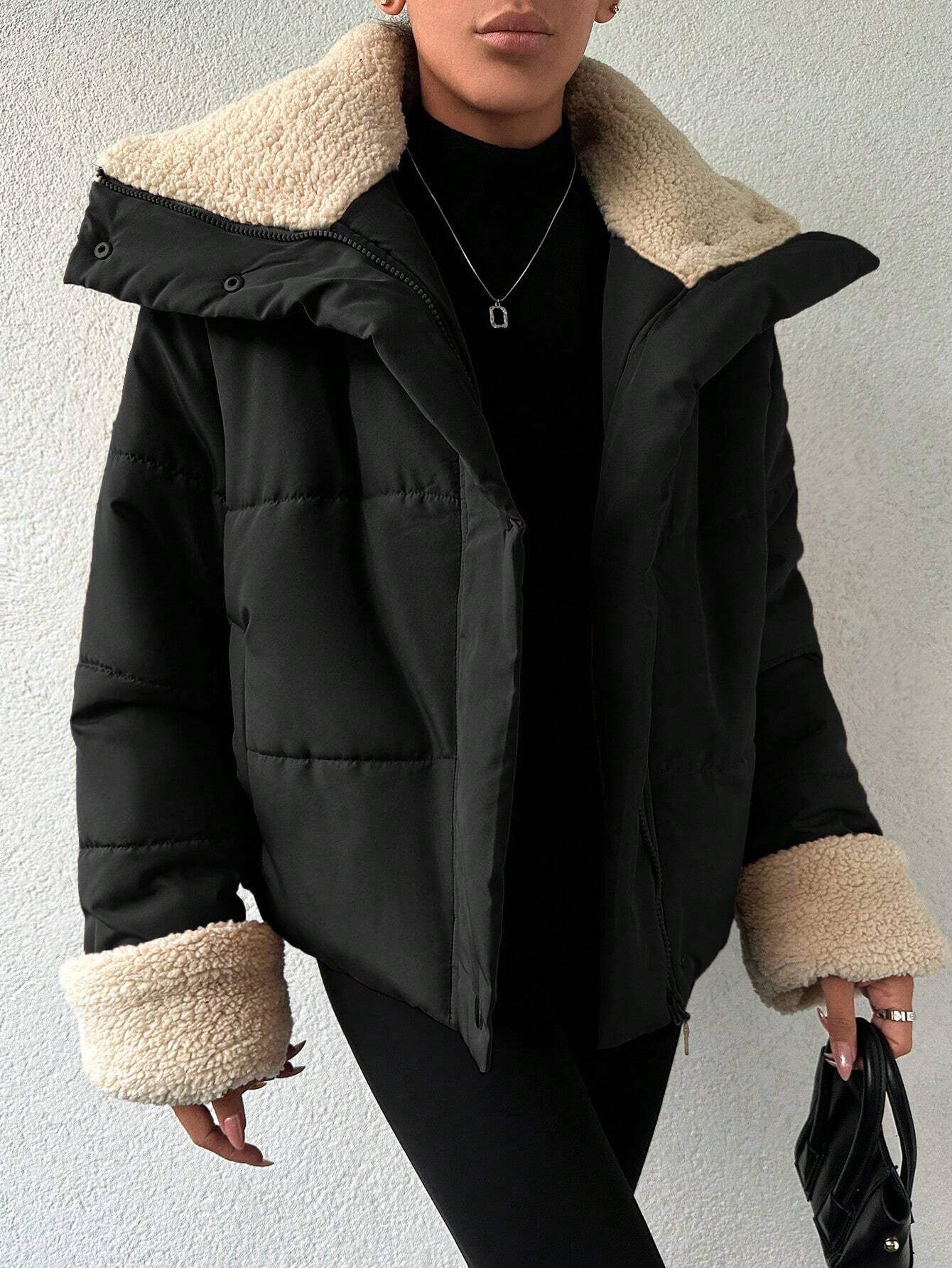 Insulated Puffer Jacket | Faux Shearling Trim | Windproof Polyester Shell | Casual Winter Wear