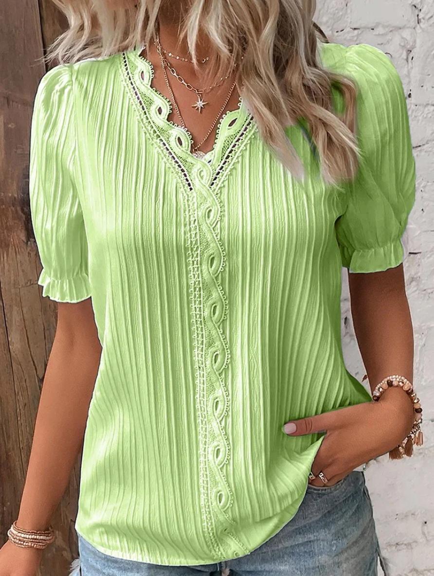 Pleated Button-Front Blouse | Lace Trim V-Neck | Short Puff Sleeve Top