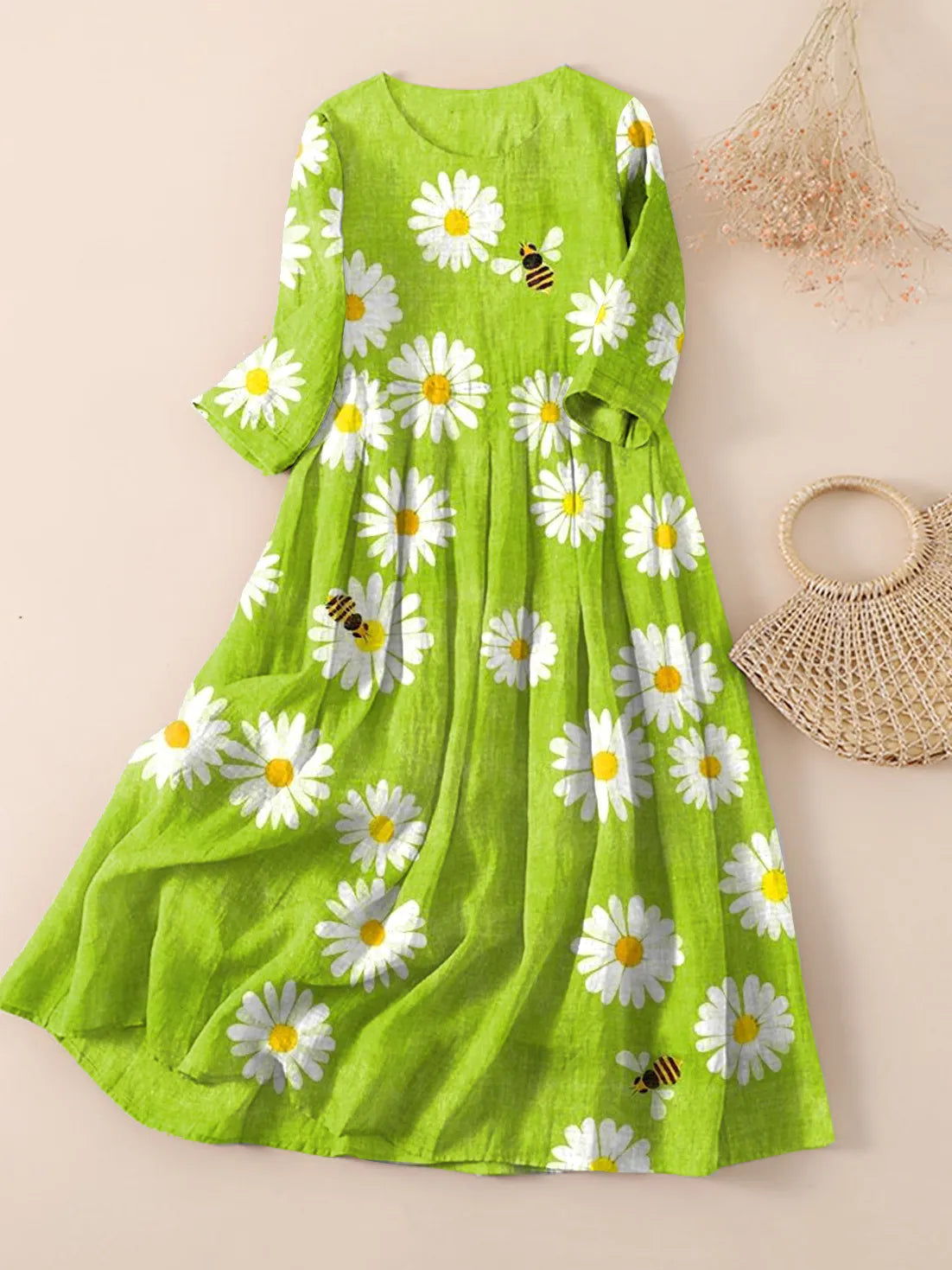 Floral Print Linen Dress | Daisy & Bee Pattern | Long Sleeve Casual Fit