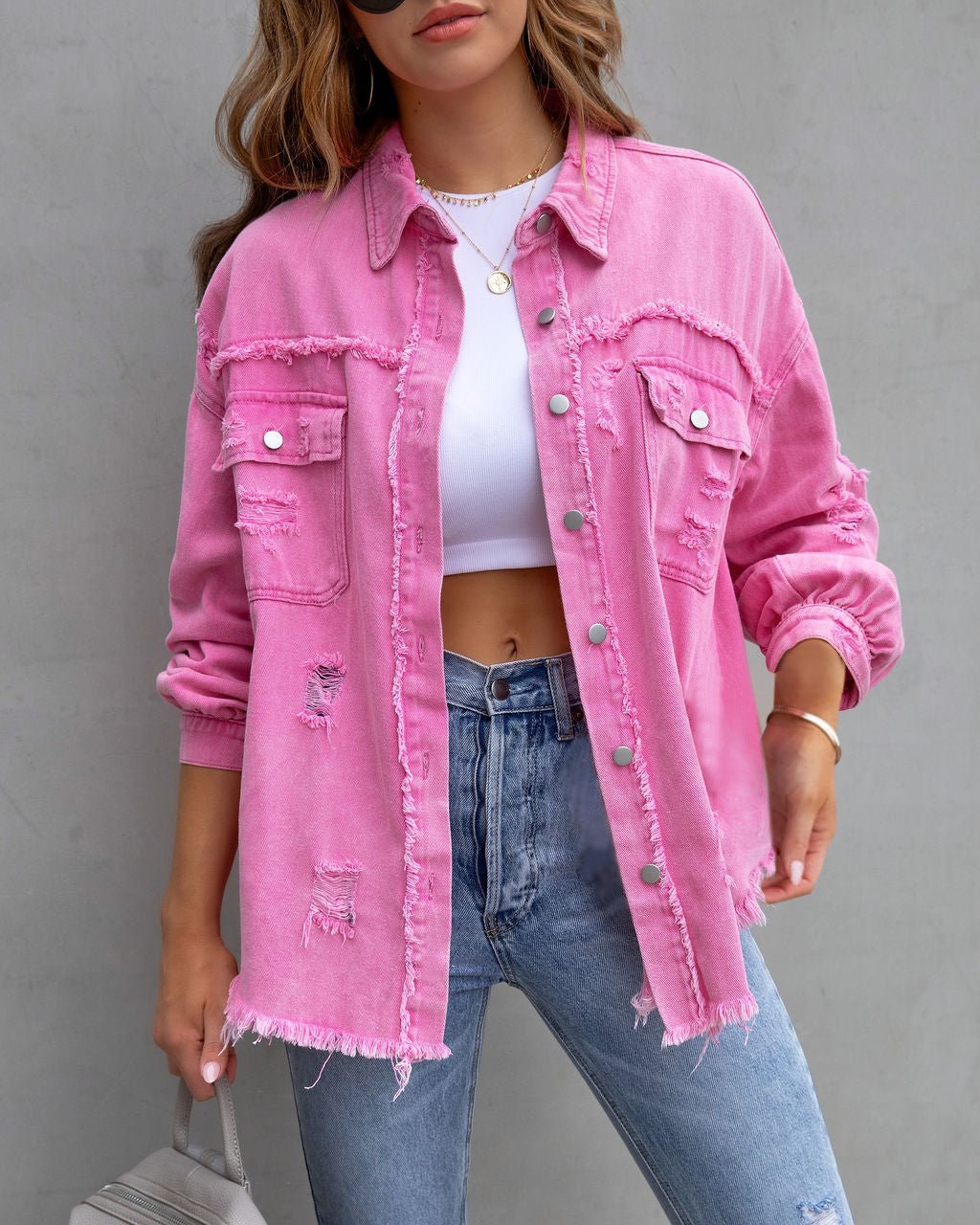 Distressed Denim Shacket | Casual Oversized Fit | Button-Up Style | Trendy Layering