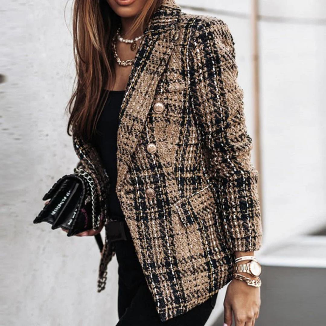 Tweed Plaid Blazer | Gold Button Detail with Tailored Fit | Statement Fall Jacket