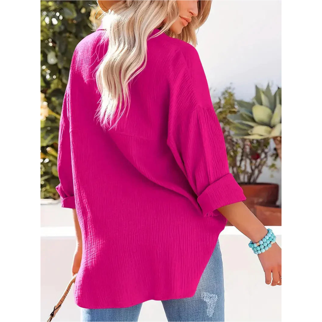 Textured Button-Up Shirt | Relaxed Fit with Chest Pocket | Lightweight Casual Blouse