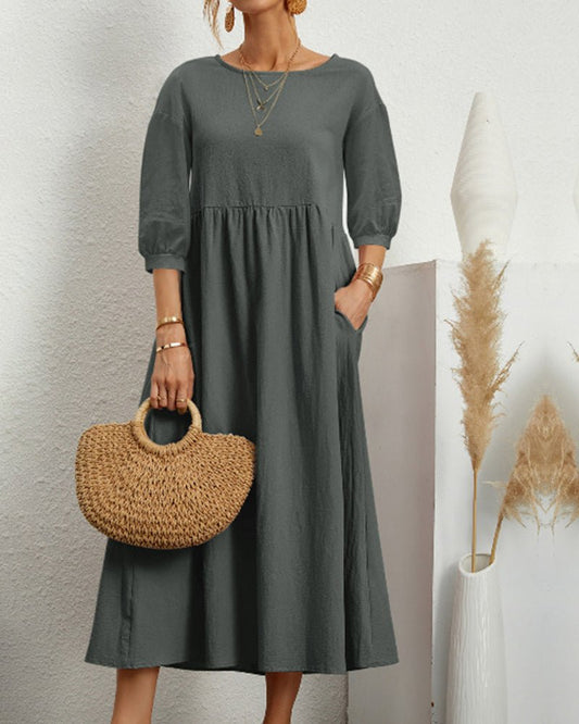 Cotton Blend Midi Dress | 3/4 Sleeve | Relaxed Waist with Pockets