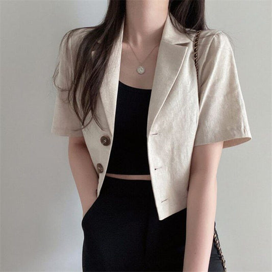 Cropped Blazer with Short Sleeves | Lightweight Linen Blend | Summer Chic | Casual Layering