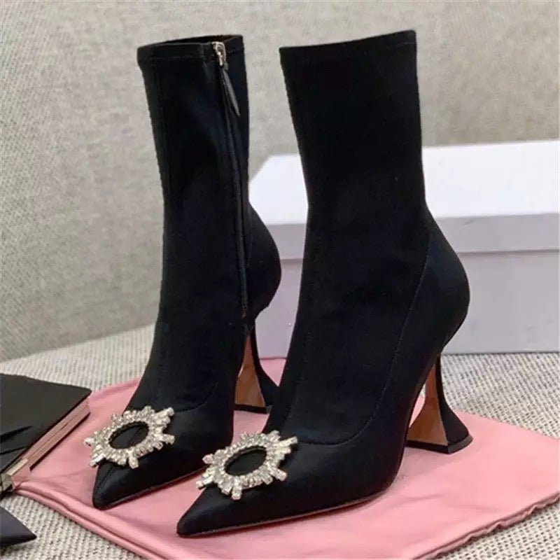 Embellished Pointed-Toe Ankle Boots | Sleek Design | Rhinestone Accent | Elegant Style