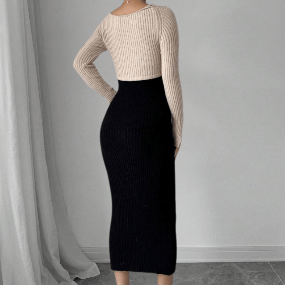 Two-Tone Knit Midi Dress | Elegant Layered Look | Slim-Fit Ribbed Design