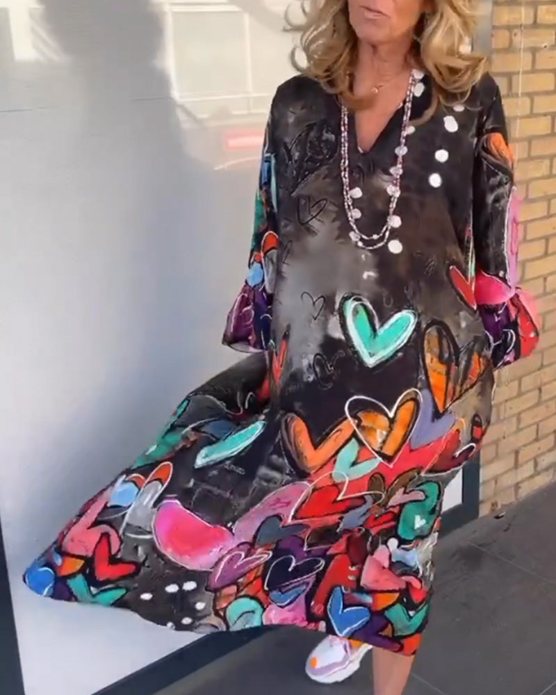 Abstract Heart Print Midi Dress | Long Sleeve Oversized Fit | Artistic Casual Statement Look