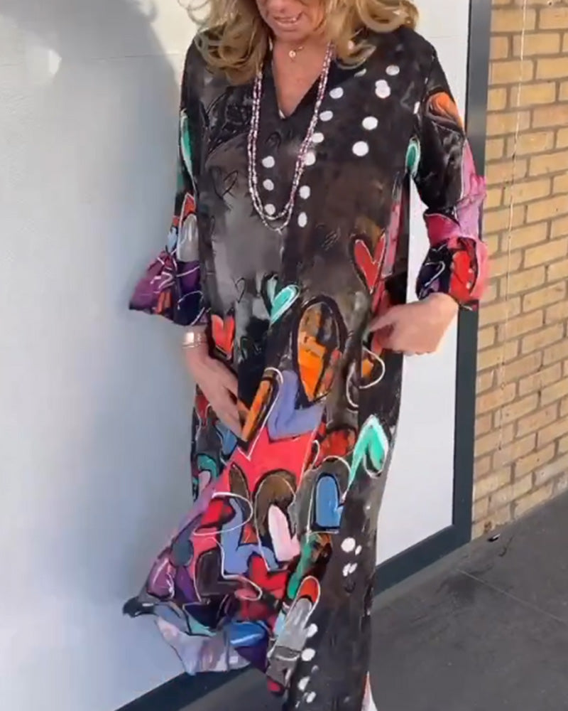 Abstract Heart Print Midi Dress | Long Sleeve Oversized Fit | Artistic Casual Statement Look