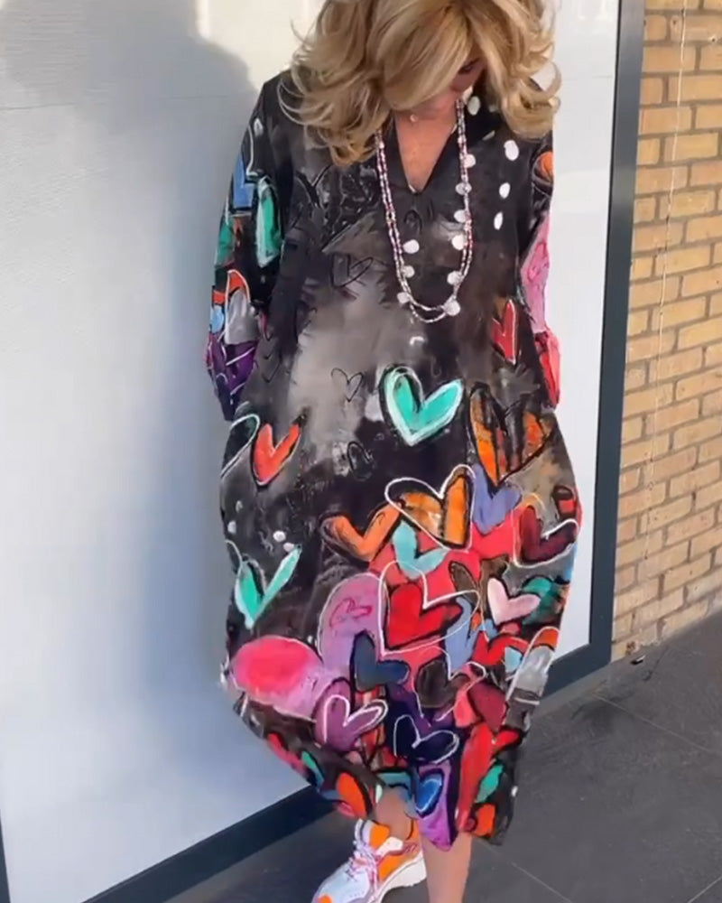 Abstract Heart Print Midi Dress | Long Sleeve Oversized Fit | Artistic Casual Statement Look