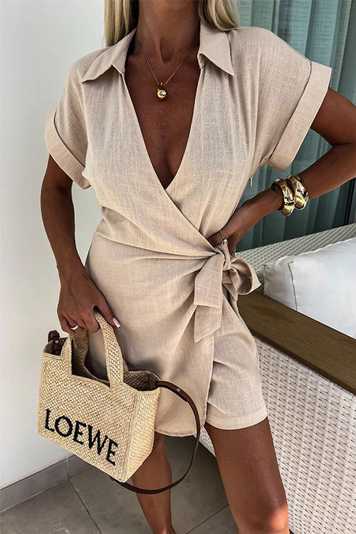 Linen-Blend Wrap Romper | Collared Short Sleeve | Tie-Waist Summer One-Piece