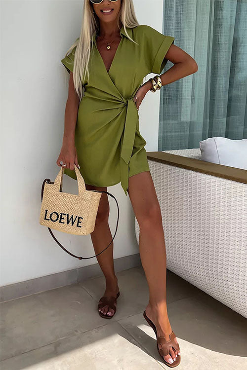 Linen-Blend Wrap Romper | Collared Short Sleeve | Tie-Waist Summer One-Piece