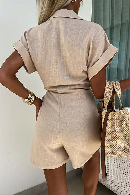 Linen-Blend Wrap Romper | Collared Short Sleeve | Tie-Waist Summer One-Piece