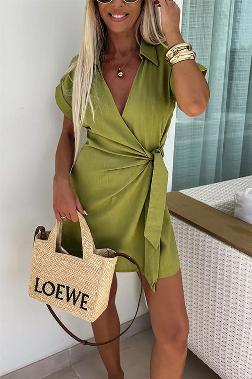 Linen-Blend Wrap Romper | Collared Short Sleeve | Tie-Waist Summer One-Piece