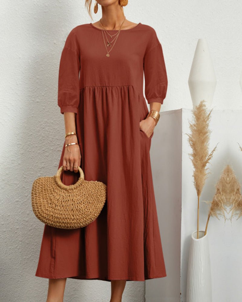 Cotton Blend Midi Dress | 3/4 Sleeve | Relaxed Waist with Pockets